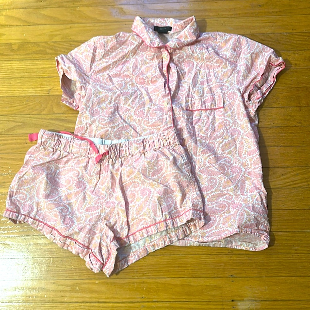 J Crew End-on-end cotton pajama short set pink pale yellow Paisley Small S